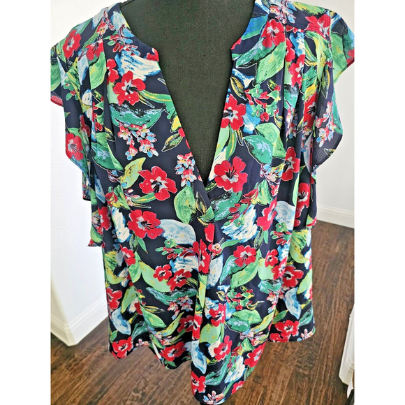 Zac & Rachel Teaberry Floral VNeck Tunic Short Ruffle Sleeves Blouse Plus Sz 1X - Picture 1 of 5